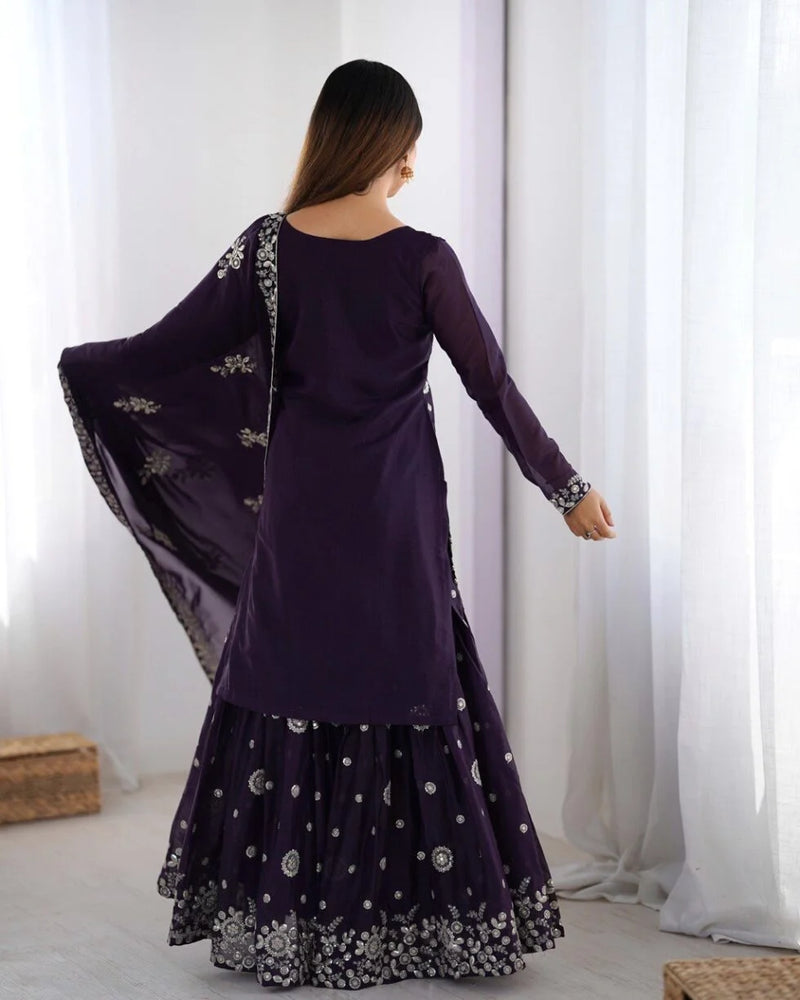 Premium Star Georgette Kurta Sharara – Wine Thread & Sequins Work for Occasions