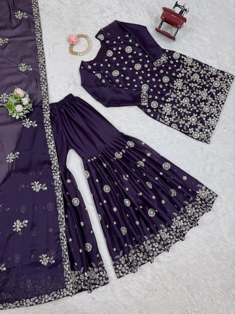 Premium Star Georgette Kurta Sharara – Wine Thread & Sequins Work for Occasions