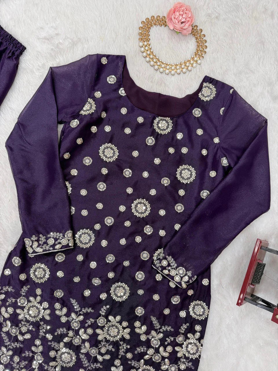 Premium Star Georgette Kurta Sharara – Wine Thread & Sequins Work for Occasions