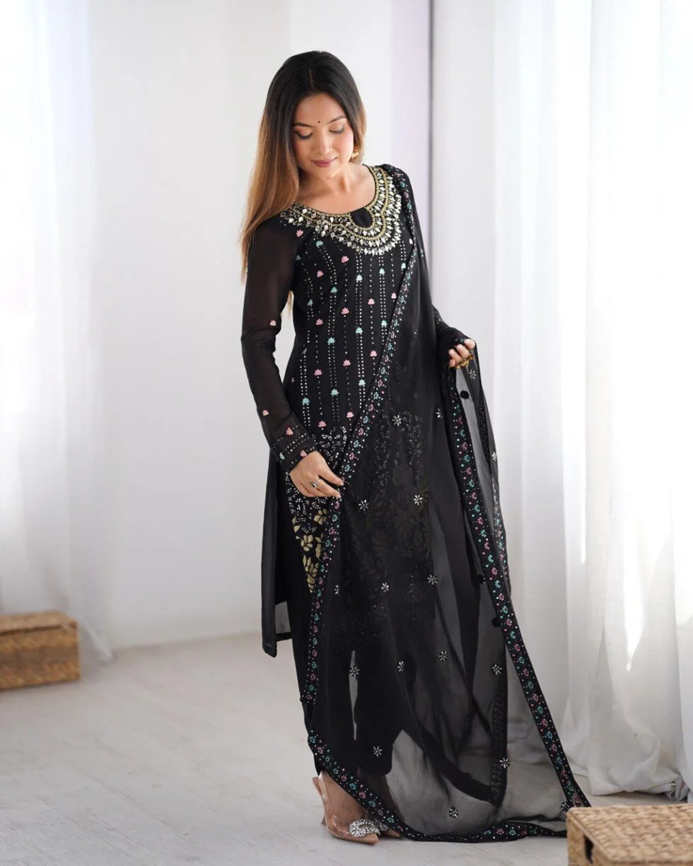 Georgette Straight Fit – Designer Black Thread & Mirror Work Set for Parties
