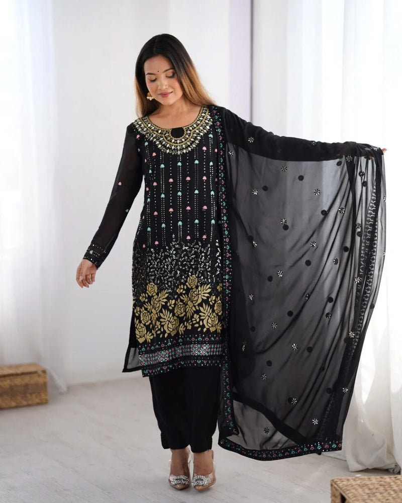 Georgette Straight Fit – Designer Black Thread & Mirror Work Set for Parties