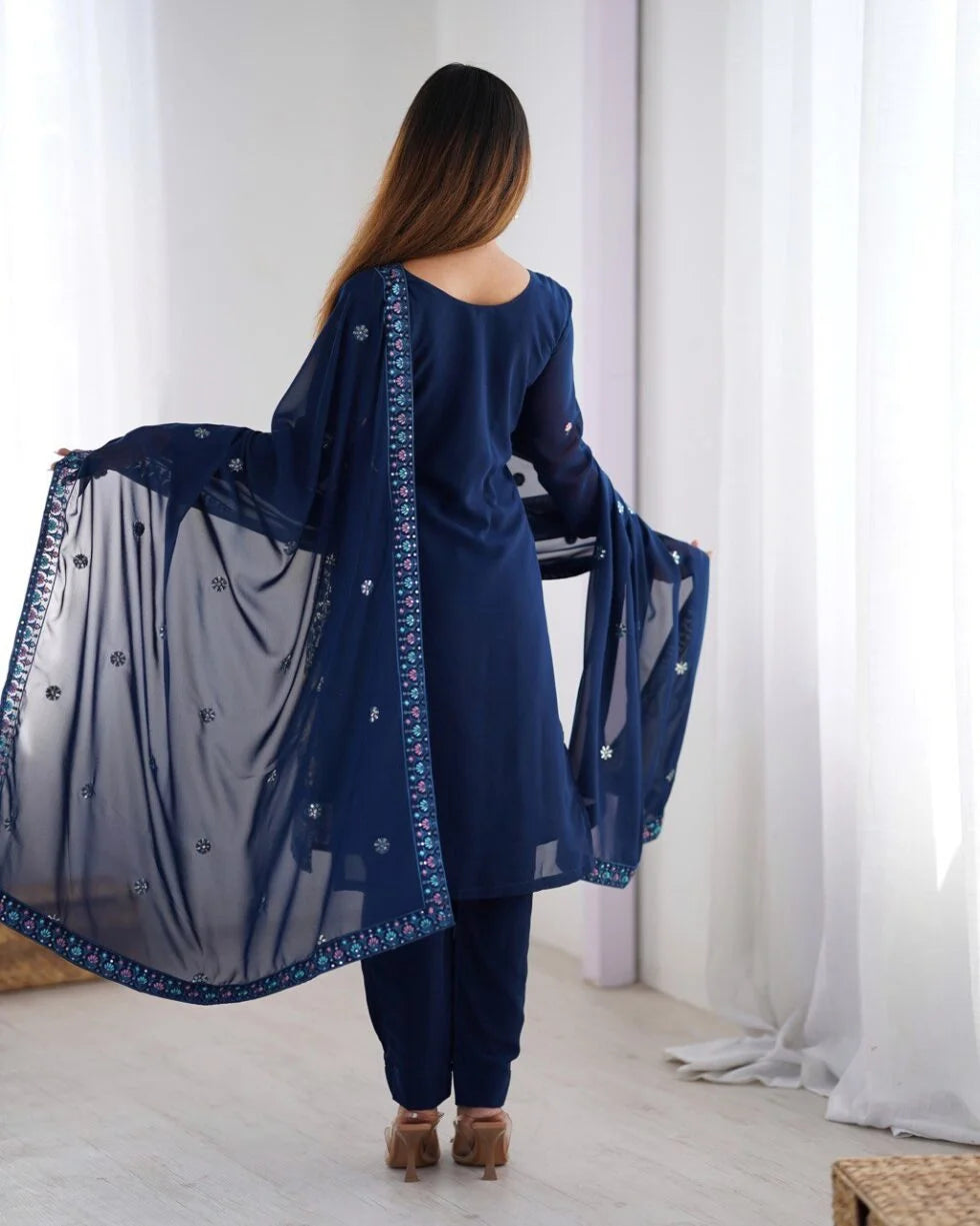 Georgette Straight Fit – Designer Blue Thread & Mirror Work Set for Parties