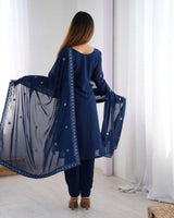 Georgette Straight Fit – Designer Blue Thread & Mirror Work Set for Parties