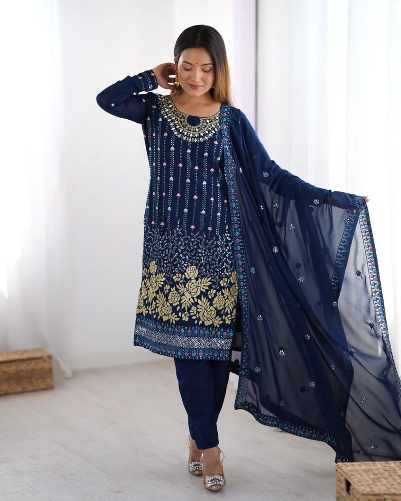 Georgette Straight Fit – Designer Blue Thread & Mirror Work Set for Parties