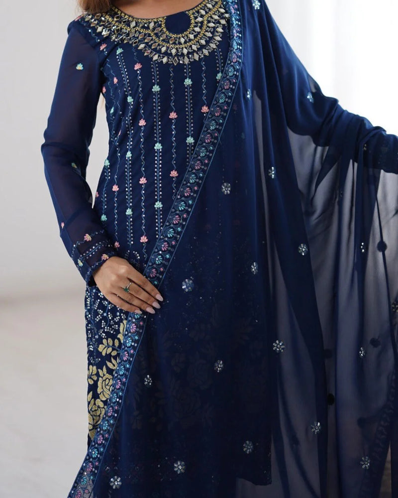 Georgette Straight Fit – Designer Blue Thread & Mirror Work Set for Parties