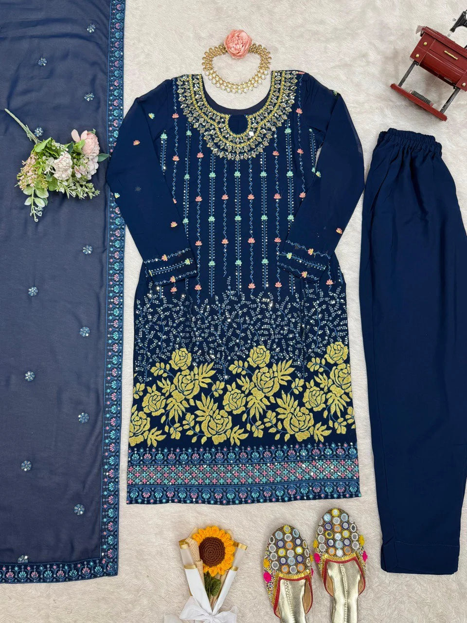 Georgette Straight Fit – Designer Blue Thread & Mirror Work Set for Parties