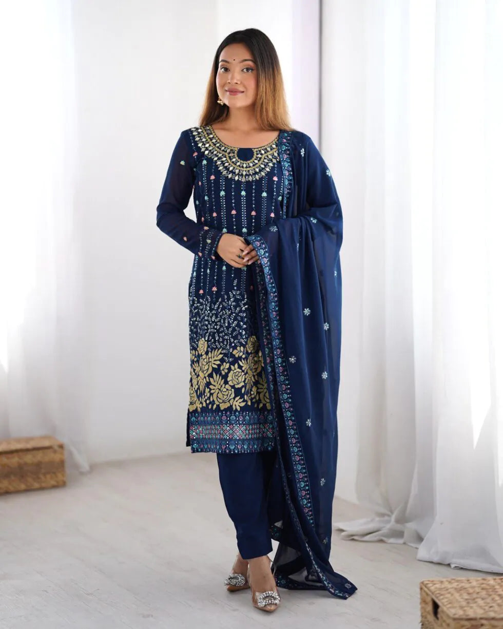 Georgette Straight Fit – Designer Blue Thread & Mirror Work Set for Parties