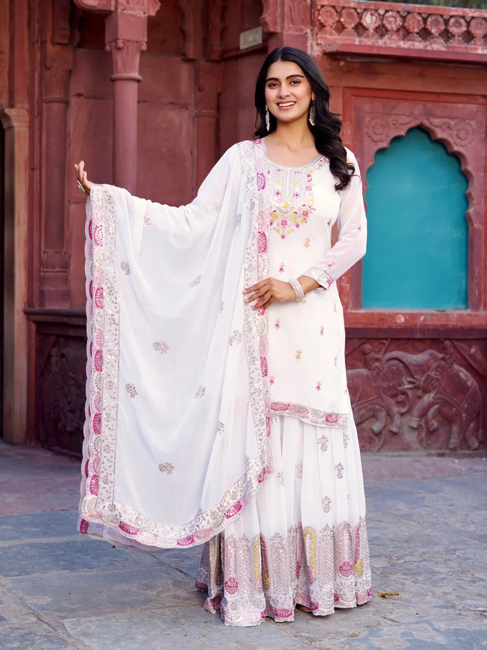 Georgette Ready to Wear White Sharara for Women – Ethnic Thread & Sequins Work