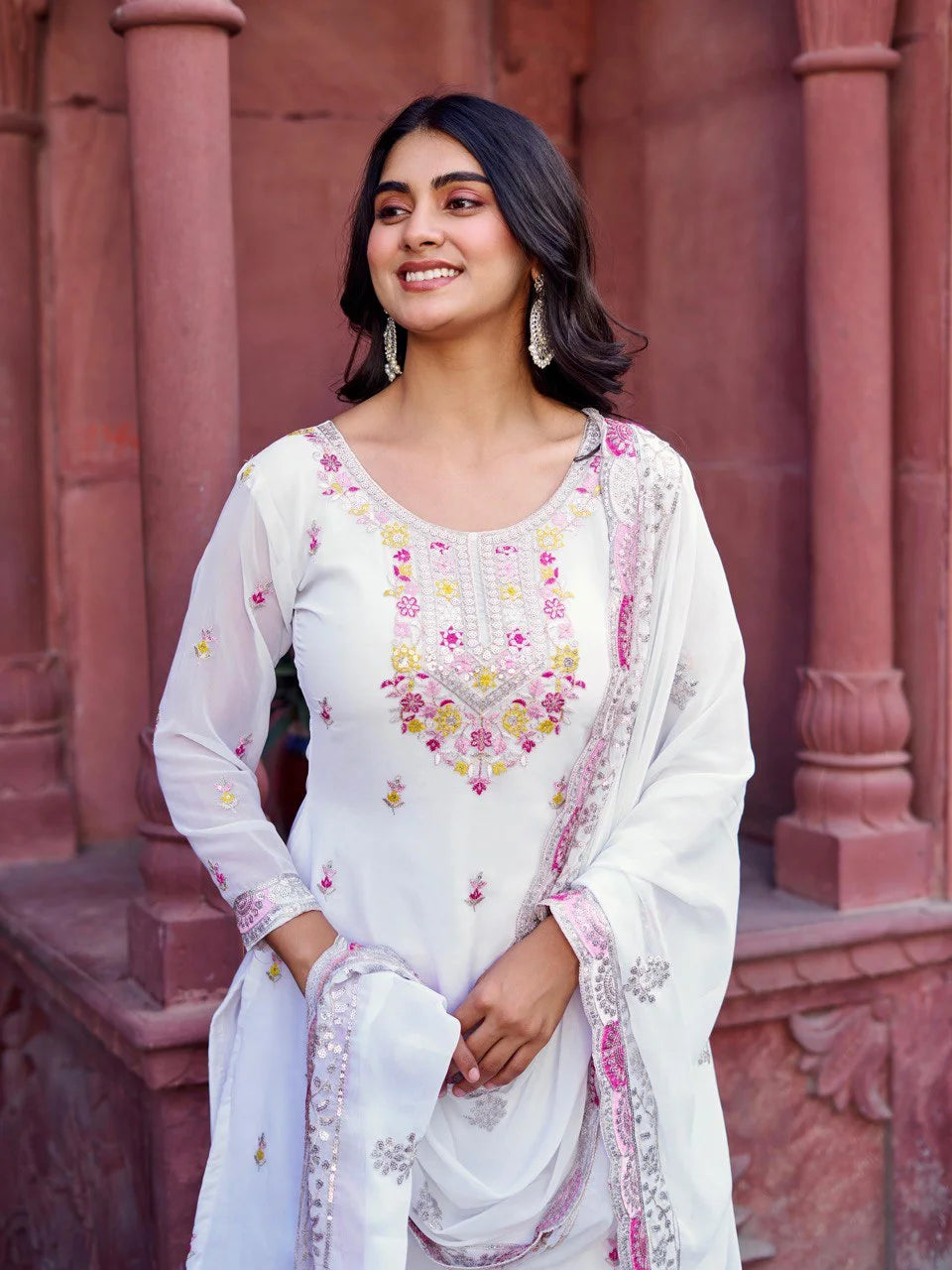 Georgette Ready to Wear White Sharara for Women – Ethnic Thread & Sequins Work