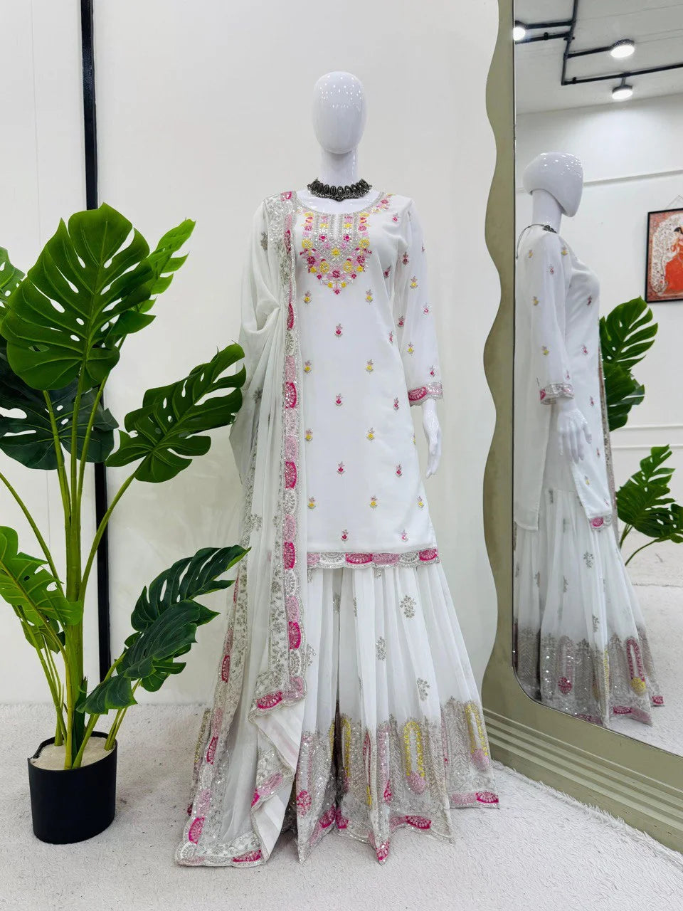 Georgette Ready to Wear White Sharara for Women – Ethnic Thread & Sequins Work