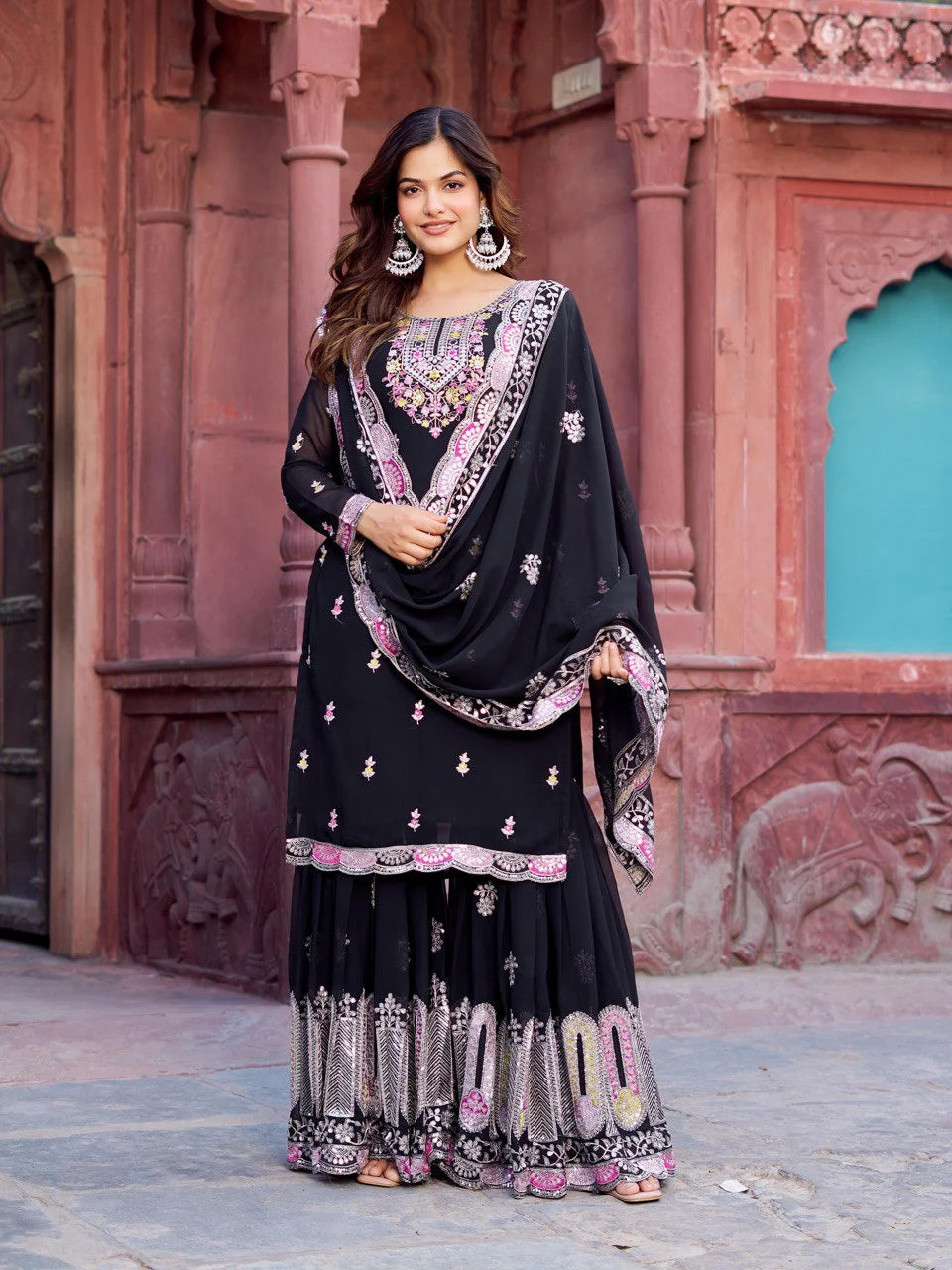 Georgette Ready to Wear Black Sharara for Women – Ethnic Thread & Sequins Work