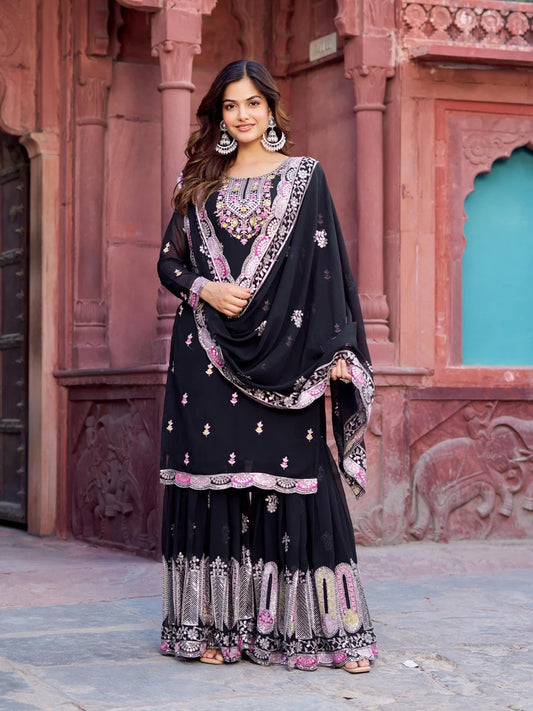 Georgette Ready to Wear Black Sharara for Women – Ethnic Thread & Sequins Work