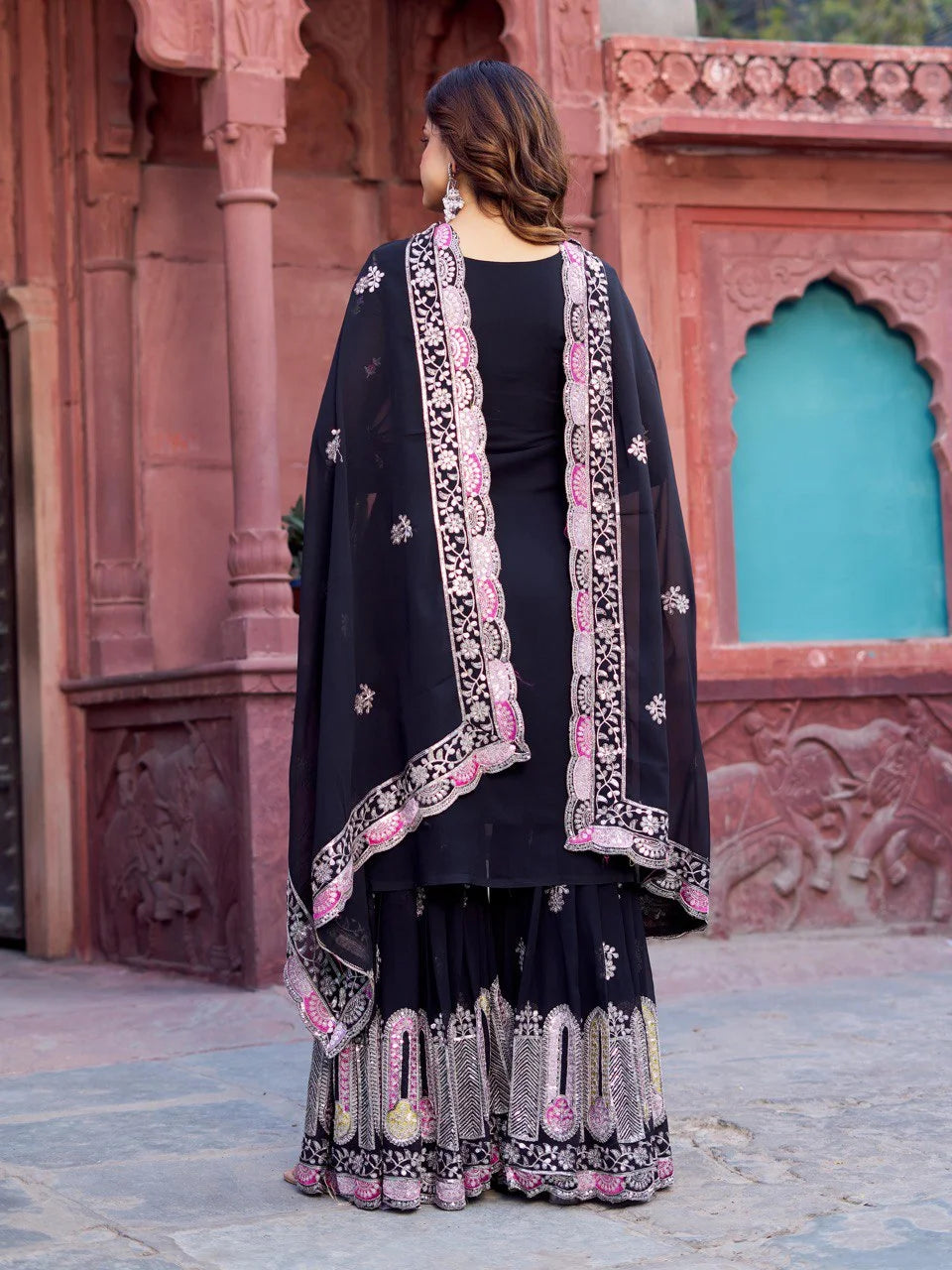 Georgette Ready to Wear Black Sharara for Women – Ethnic Thread & Sequins Work