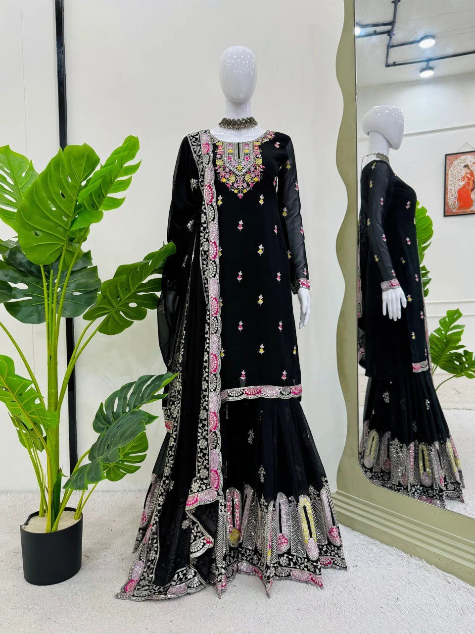 Georgette Ready to Wear Black Sharara for Women – Ethnic Thread & Sequins Work