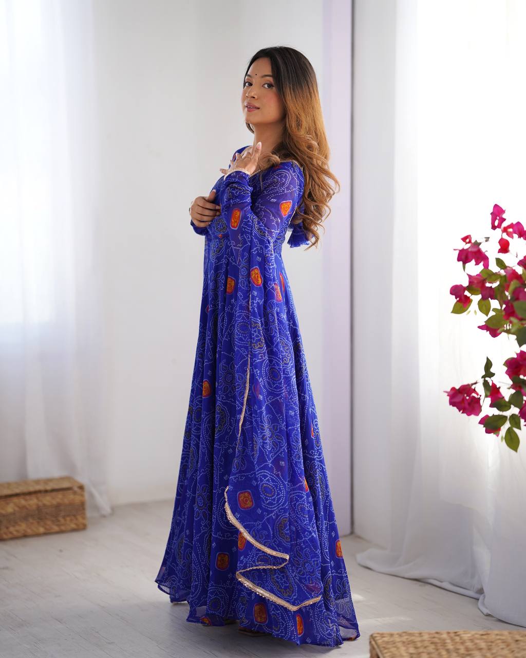 Royal Blue Color Bandhej Print Soft Chiffon Anarkali Gown