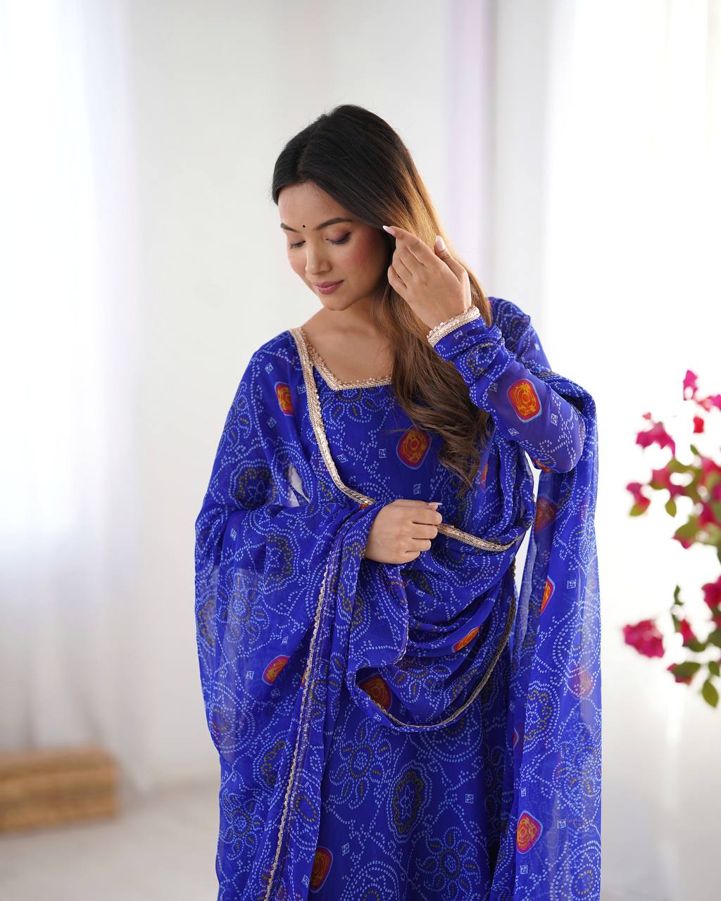 Royal Blue Color Bandhej Print Soft Chiffon Anarkali Gown