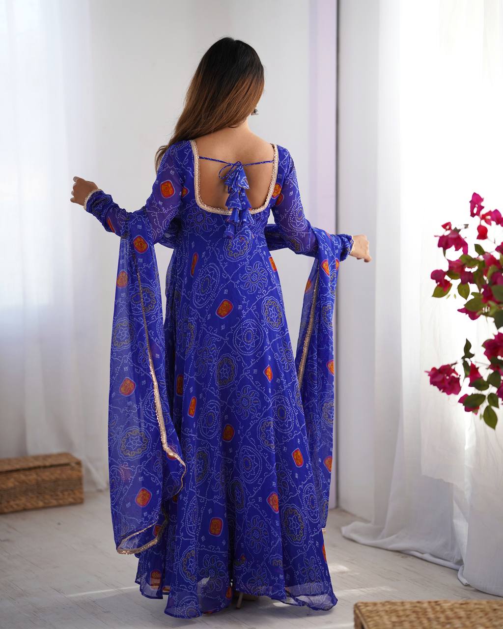 Royal Blue Color Bandhej Print Soft Chiffon Anarkali Gown