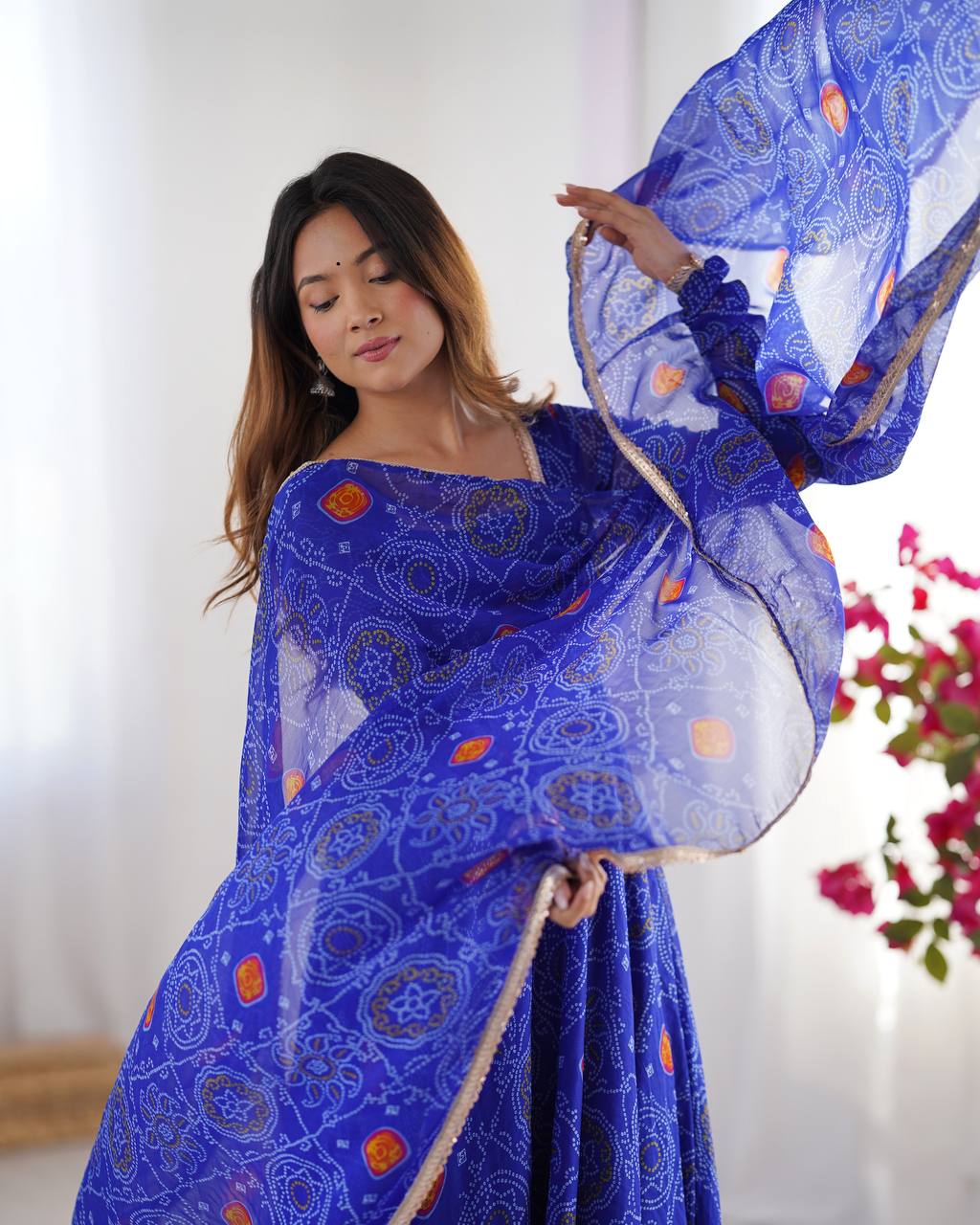 Royal Blue Color Bandhej Print Soft Chiffon Anarkali Gown