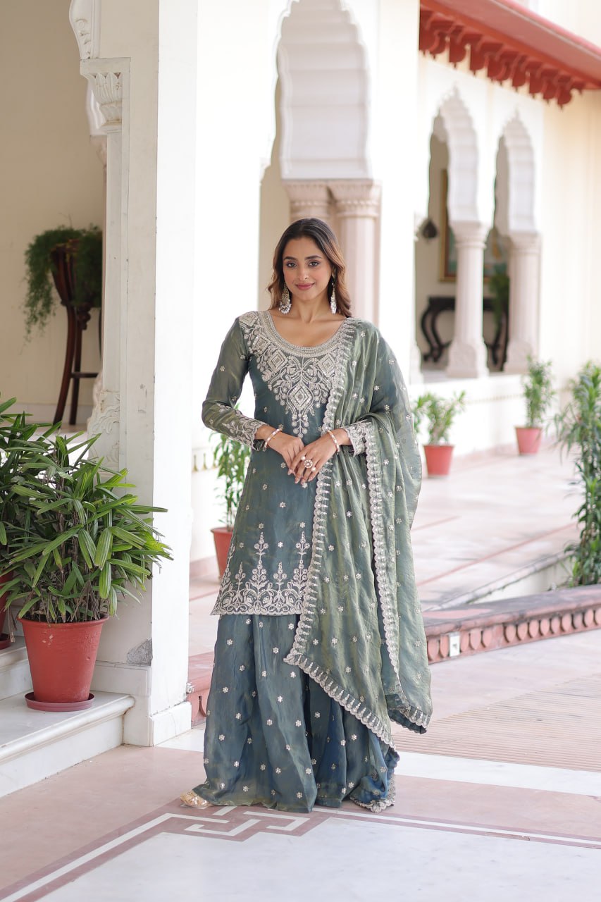 Graceful Teal Sharara Suit with Heavy Embroidery