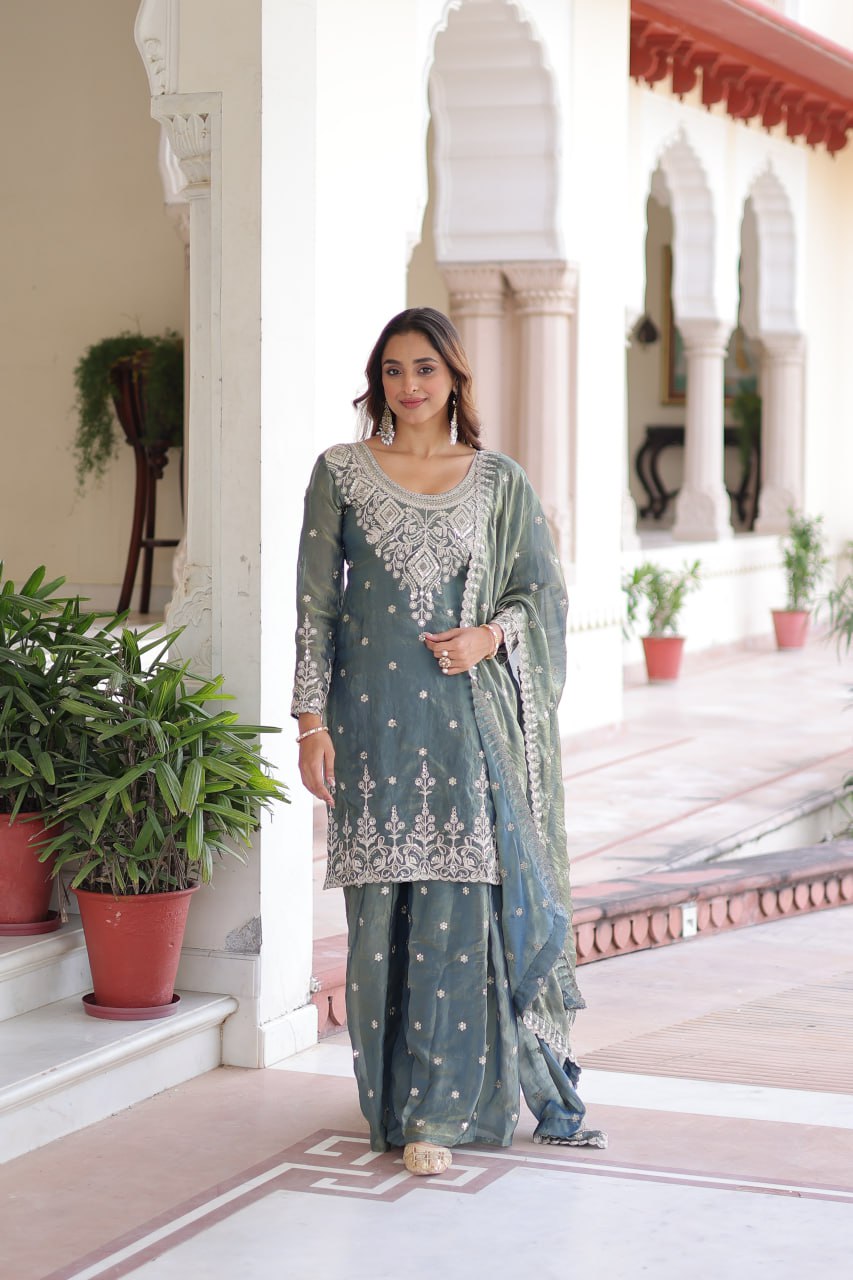 Graceful Teal Sharara Suit with Heavy Embroidery