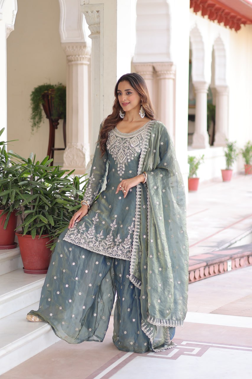 Graceful Teal Sharara Suit with Heavy Embroidery