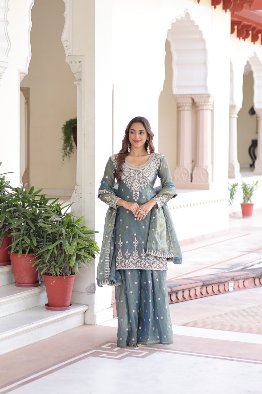 Graceful Teal Sharara Suit with Heavy Embroidery