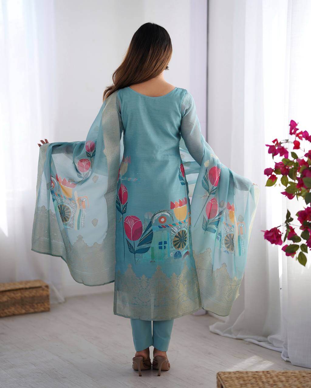 Floral Printed Chanderi Silk Jacquard Straight Kurta With Trouser And Dupatta