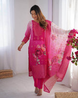 Women Floral Printed Regular Chanderi Silk Kurta with Trousers & With Dupatta