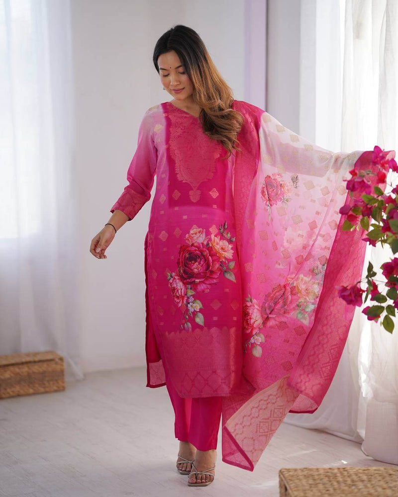 Women Floral Printed Regular Chanderi Silk Kurta with Trousers & With Dupatta