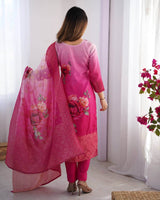 Women Floral Printed Regular Chanderi Silk Kurta with Trousers & With Dupatta