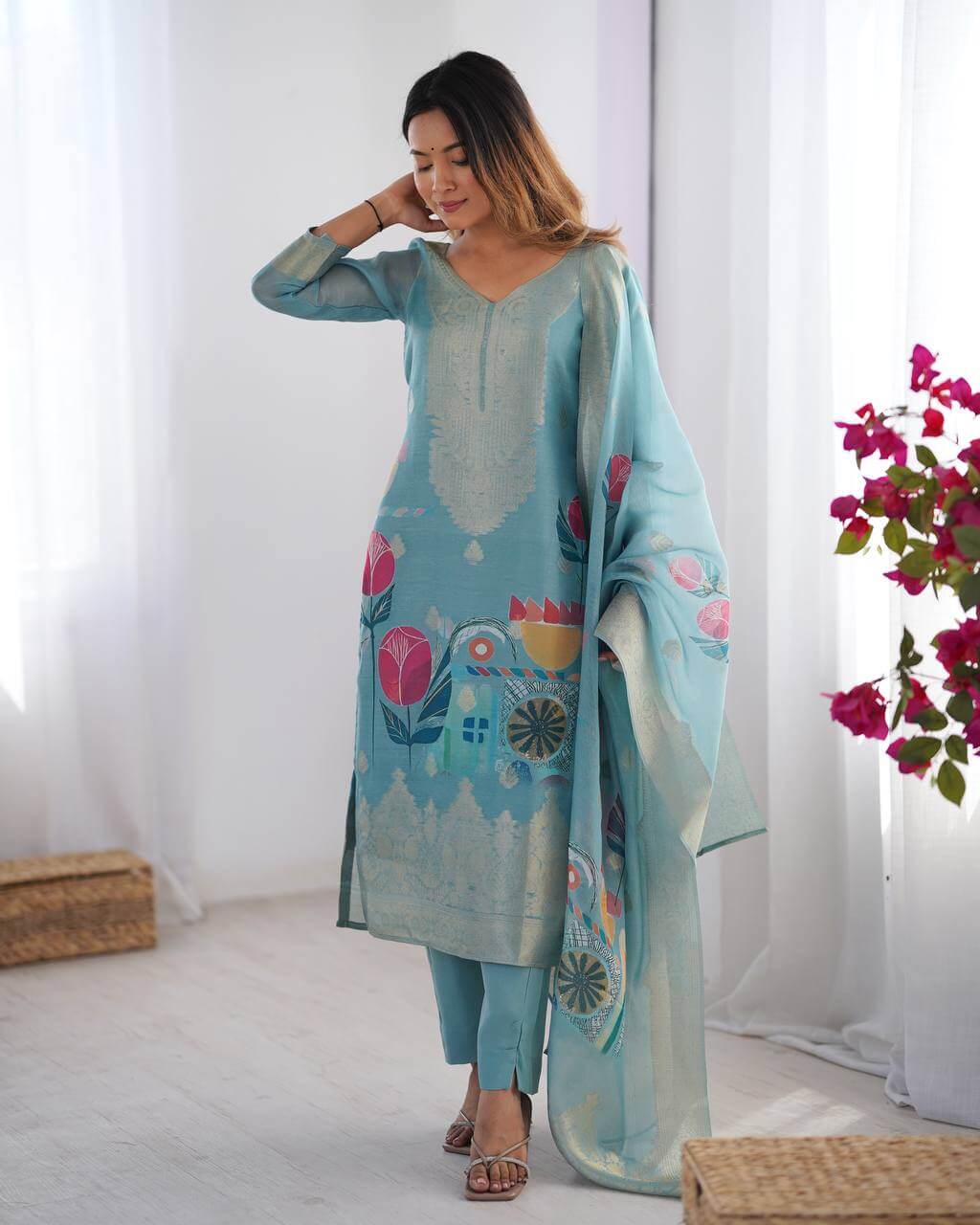 Floral Printed Chanderi Silk Jacquard Straight Kurta With Trouser And Dupatta