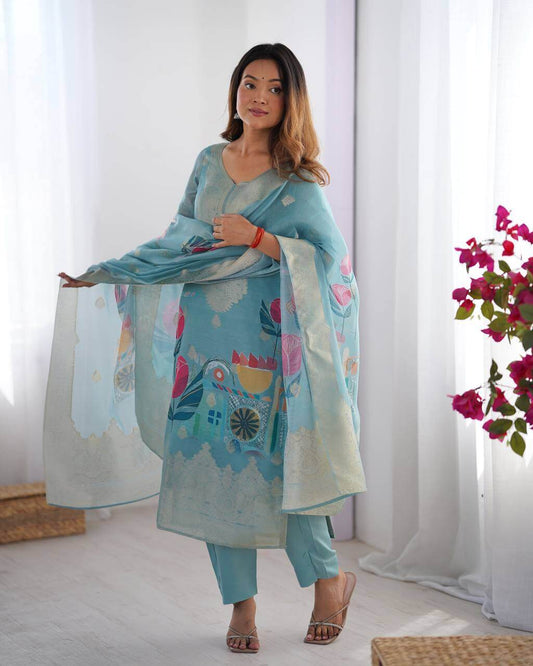 Floral Printed Chanderi Silk Jacquard Straight Kurta With Trouser And Dupatta