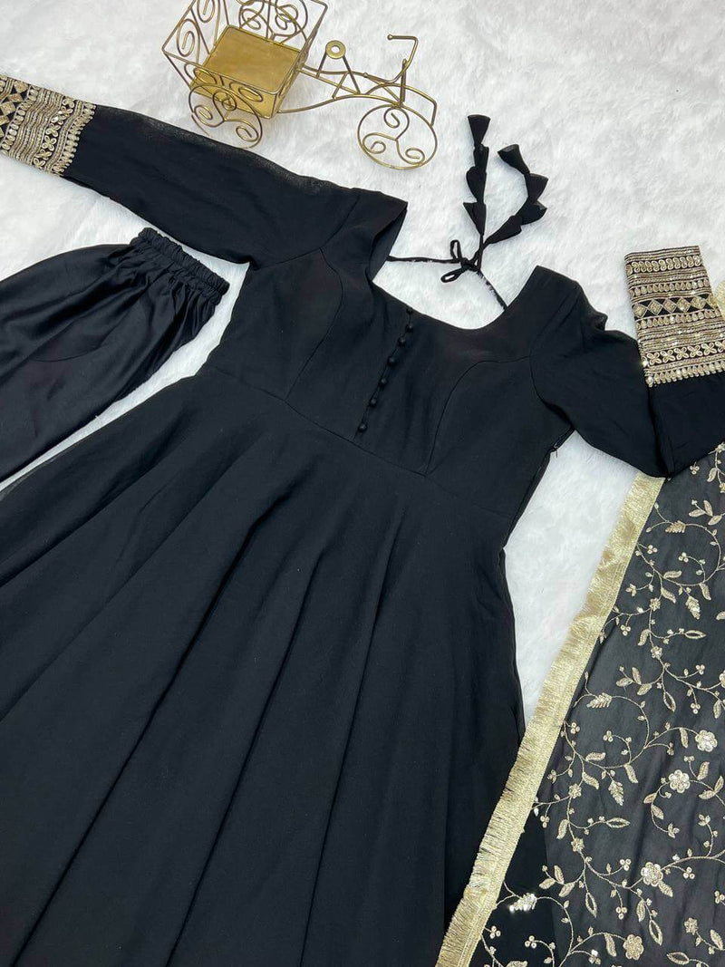 Fashionable Black Color Pure Soft Faux Georgette Anarkali Suit