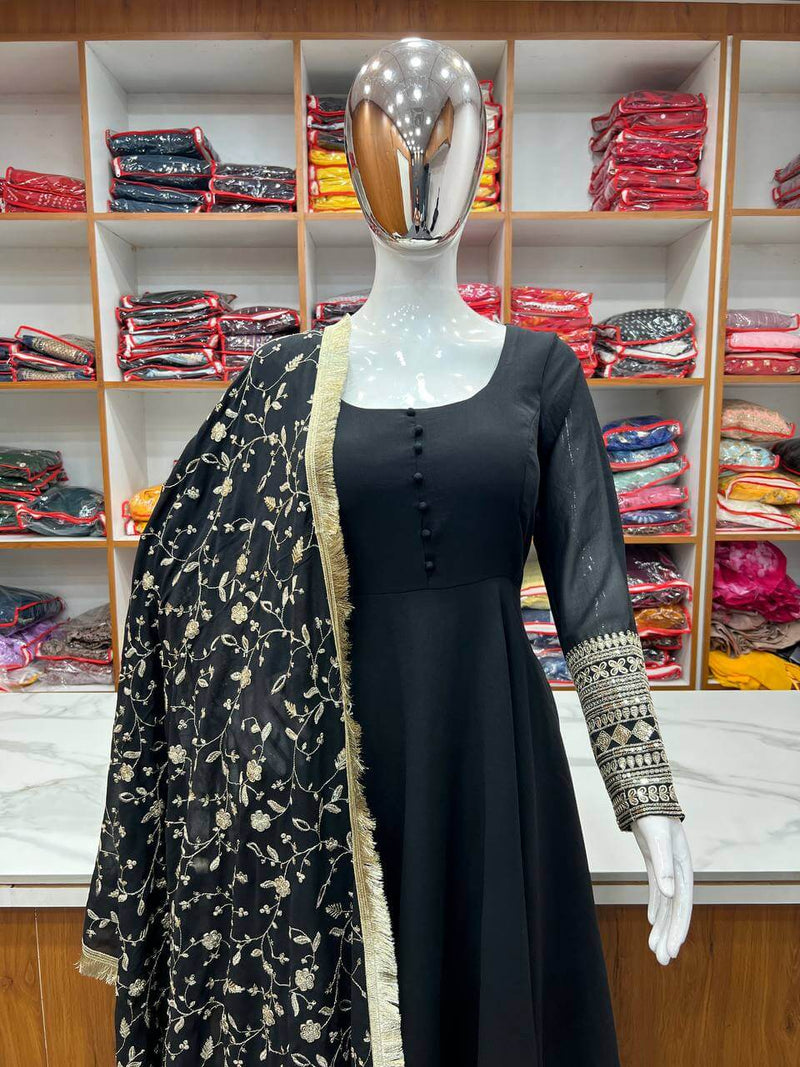Fashionable Black Color Pure Soft Faux Georgette Anarkali Suit