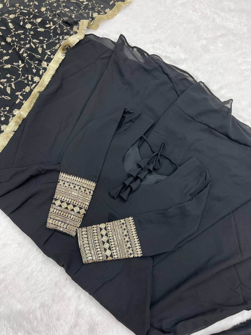 Fashionable Black Color Pure Soft Faux Georgette Anarkali Suit
