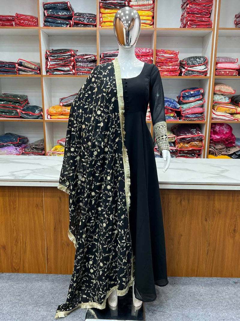 Fashionable Black Color Pure Soft Faux Georgette Anarkali Suit