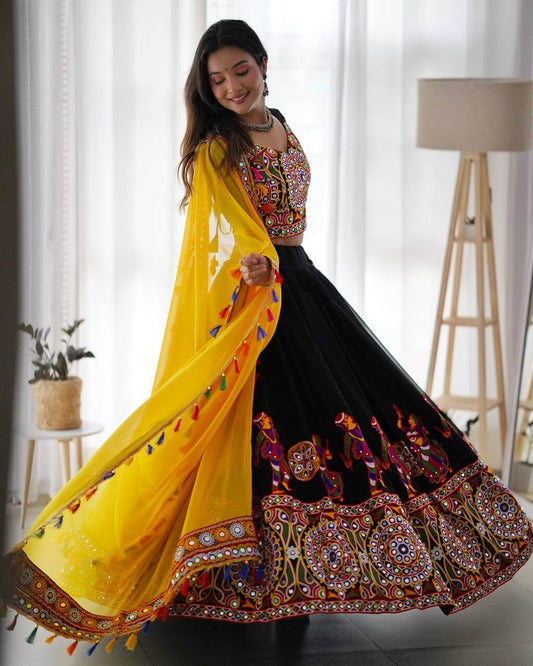 Navratri special black mirror work chaniya choli with yellow dupatta (set of 3)
