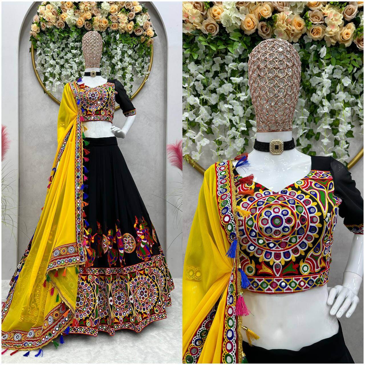 Navratri special black mirror work chaniya choli with yellow dupatta (set of 3)