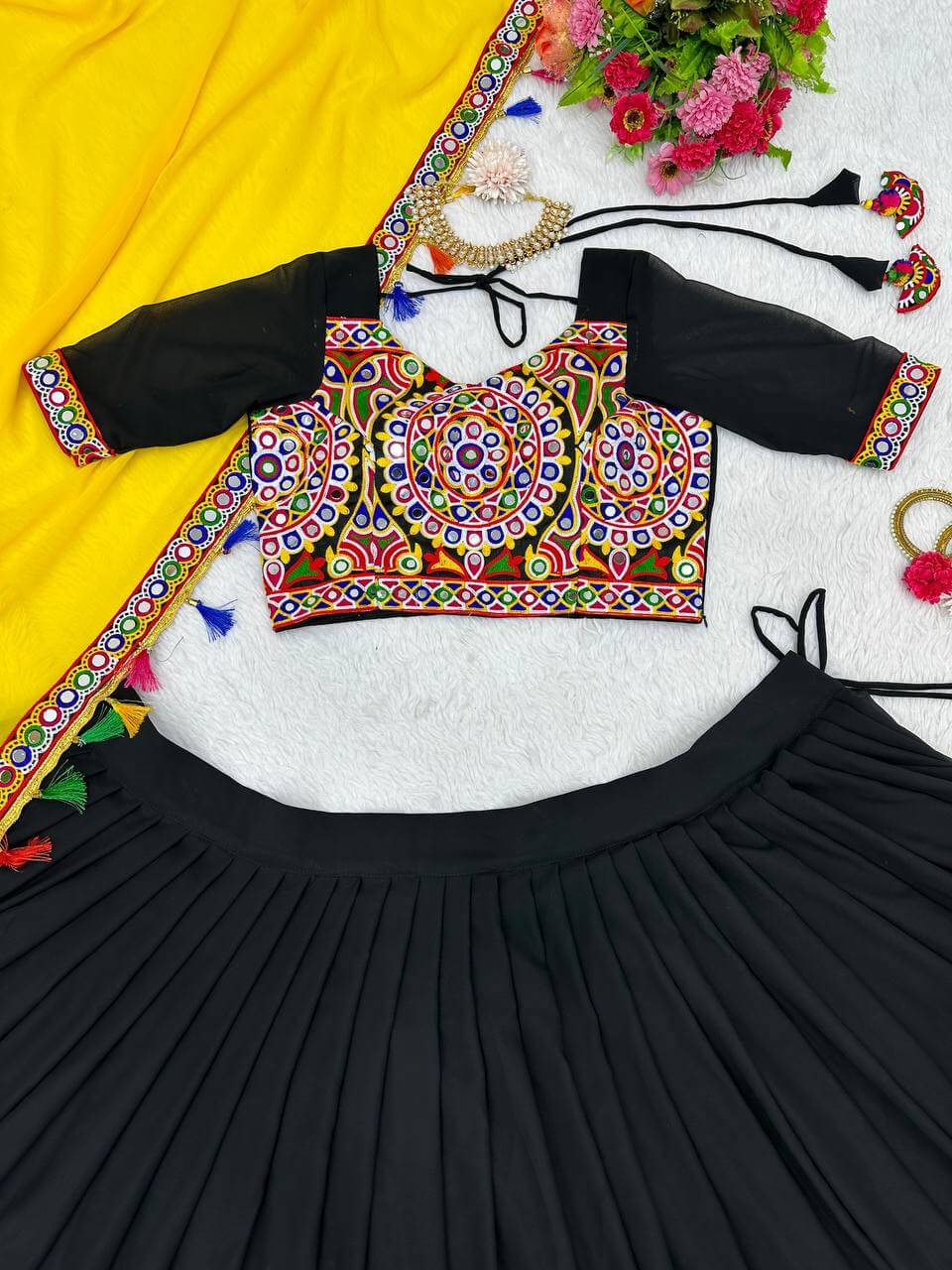 Navratri special black mirror work chaniya choli with yellow dupatta (set of 3)