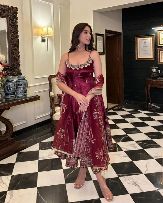 Premium Maroon Vichitra Silk Anarkali Suit Set with Dupatta & Pants