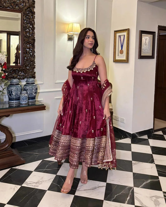 Premium Maroon Vichitra Silk Anarkali Suit Set with Dupatta & Pants